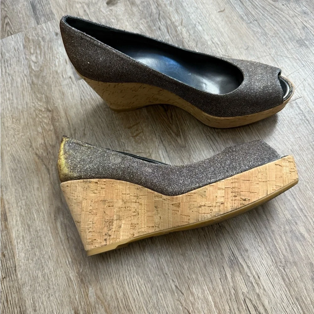 Stuart Weitzman • Anna Metallic Peep Toe Cork Platform Wedge Heels